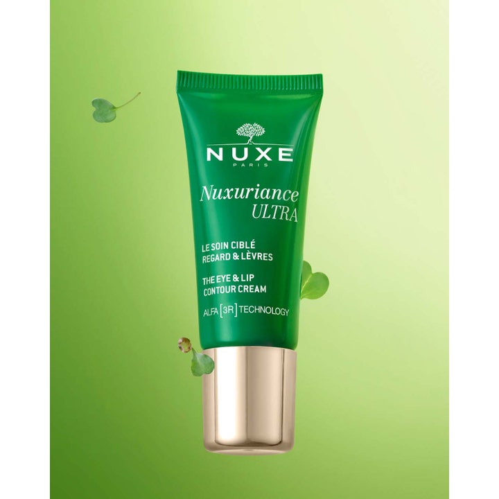 Nuxe Nuxuriance ULTRA Eye & Lip Contour 15 ml øjencreme i grøn tube med guldlåg og små grønne blade