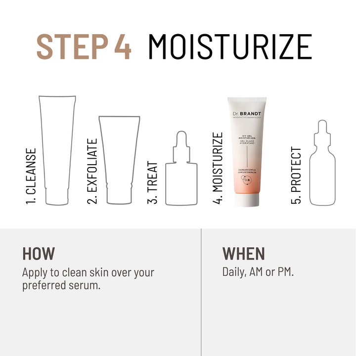Dr Brandt iD-STRESS Icy Energizing Gel Moisturizer 50 g infografik viser trin 4 i en daglig hudplejerutine.