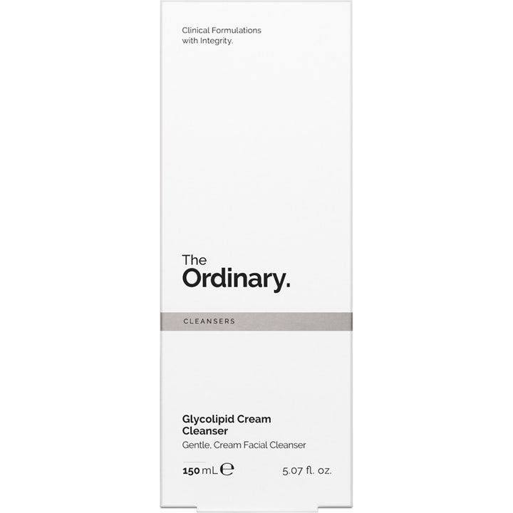 The Ordinary Glycolipid Cream Cleanser 150 ml skånsom ansigtsrens i hvid papæske med sort tekst og gråt bånd