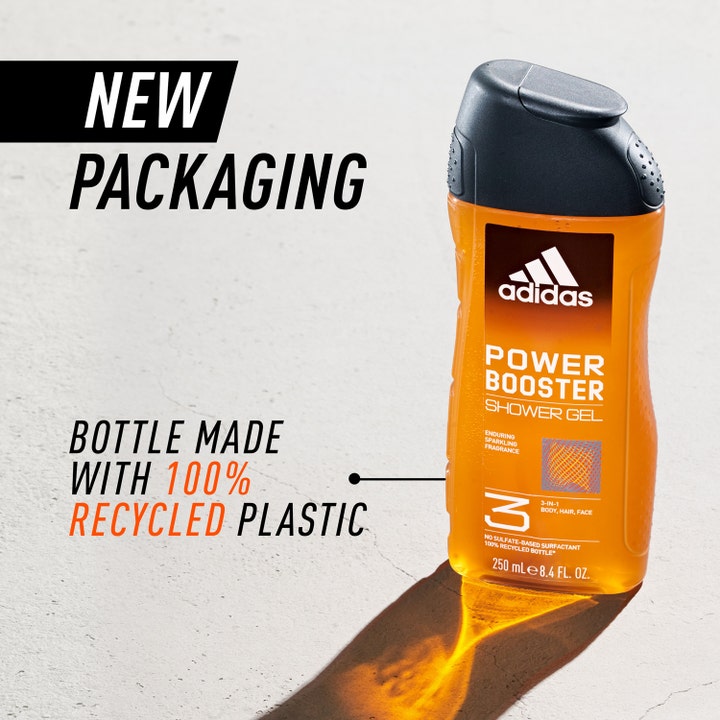 Adidas Adipower Booster 250 ml shower gel i orange genbrugsflaske der giver en frisk følelse