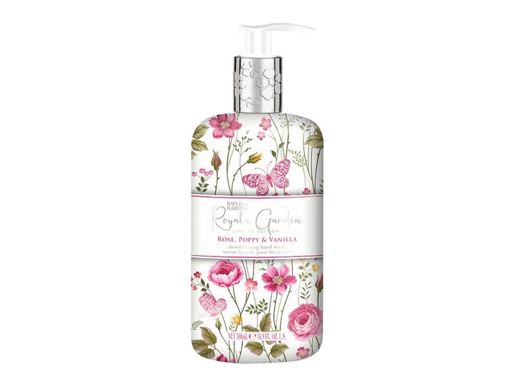 Baylis & Harding Royale Garden 500 ml fugtgivende håndsæbe i hvid pumpeflaske med lyserøde blomster og sommerfugle