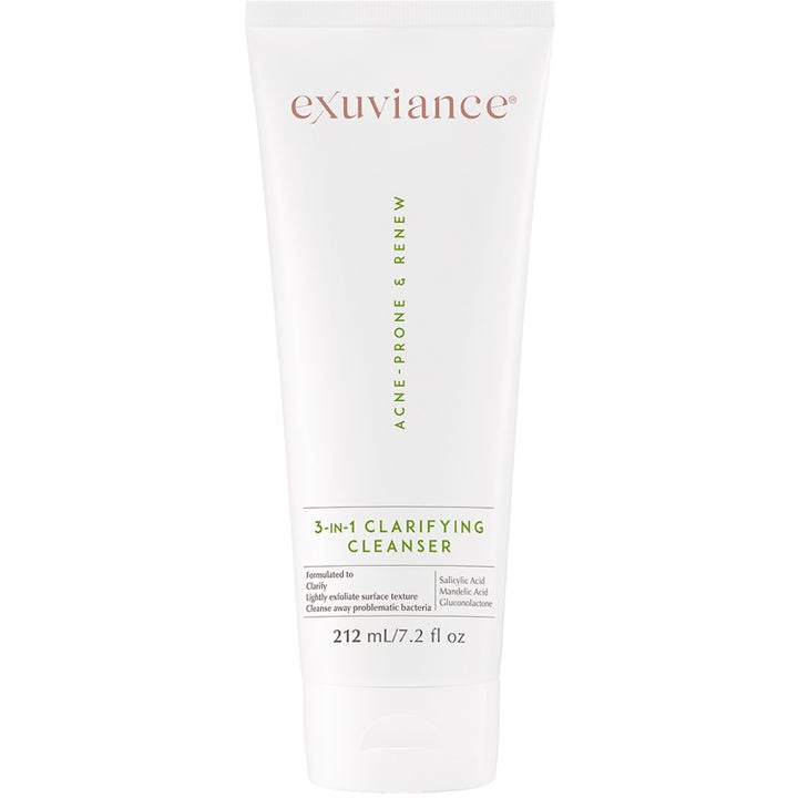 Exuviance 3-in-1 Clarifying Cleanser 212 ml ansigtsrens mod uren hud med salicylsyre i en hvid tube.