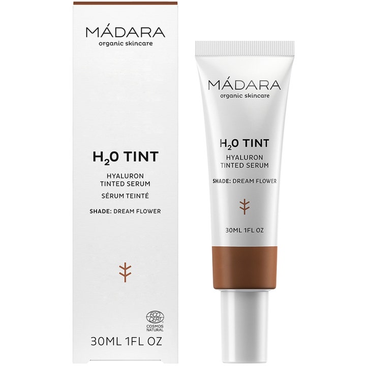 MÁDARA H2O Tint Hyaluron Tinted Serum 30 ml fugtgivende farvet serum i hvid tube og æske i nuancen Dream Flower