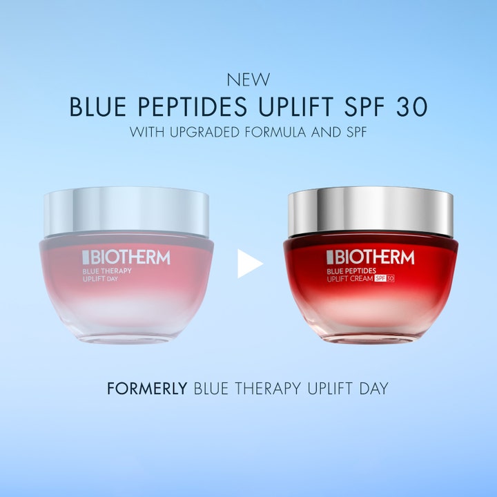 Biotherm Blue Peptides Uplift 50 ml opstrammende dagcreme med SPF 30 i ny rød glaskrukke ved siden af det gamle design.