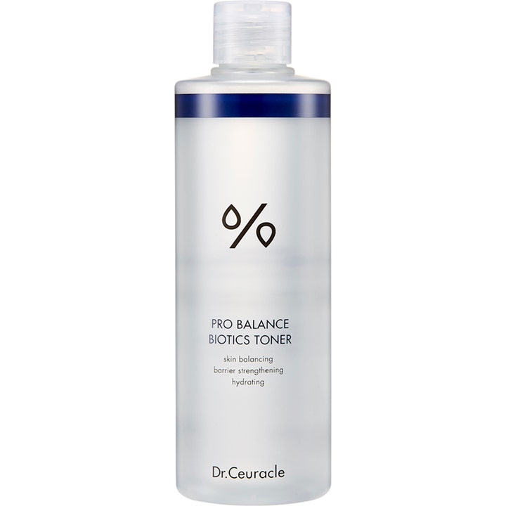 Dr.Ceuracle Pro Balance Biotics Toner 300ml hudbalancerende toner i frostet plastflaske med blåt bånd og klart låg