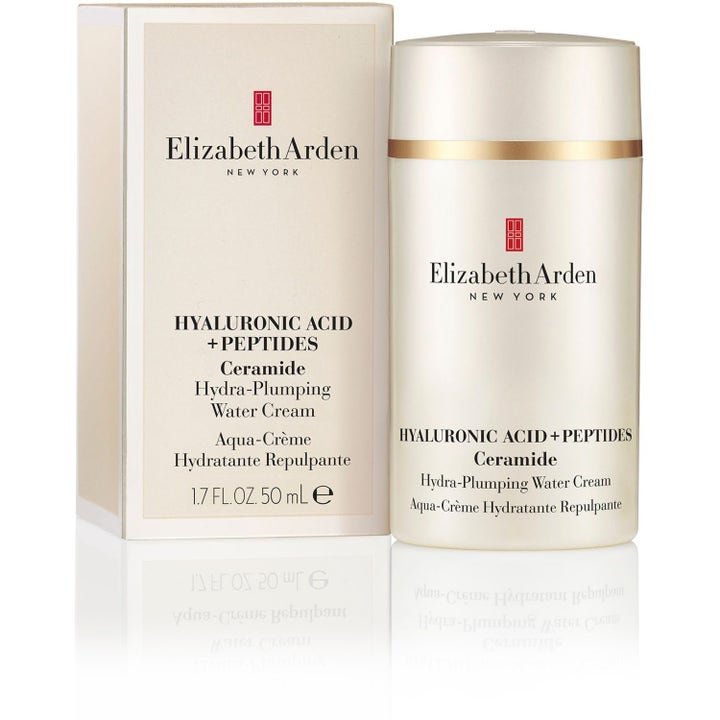 Elizabeth Arden Ceramide Hyaluronic Acid + Peptides Water Cream 50 ml fugtgivende dagcreme i beige krukke og æske.
