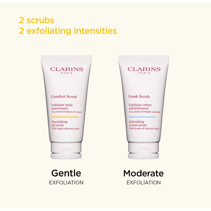 Clarins Comfort Scrub 50 ml er en nærende ansigtsskrubb i hvid tube vist med forskellige peeling styrker.