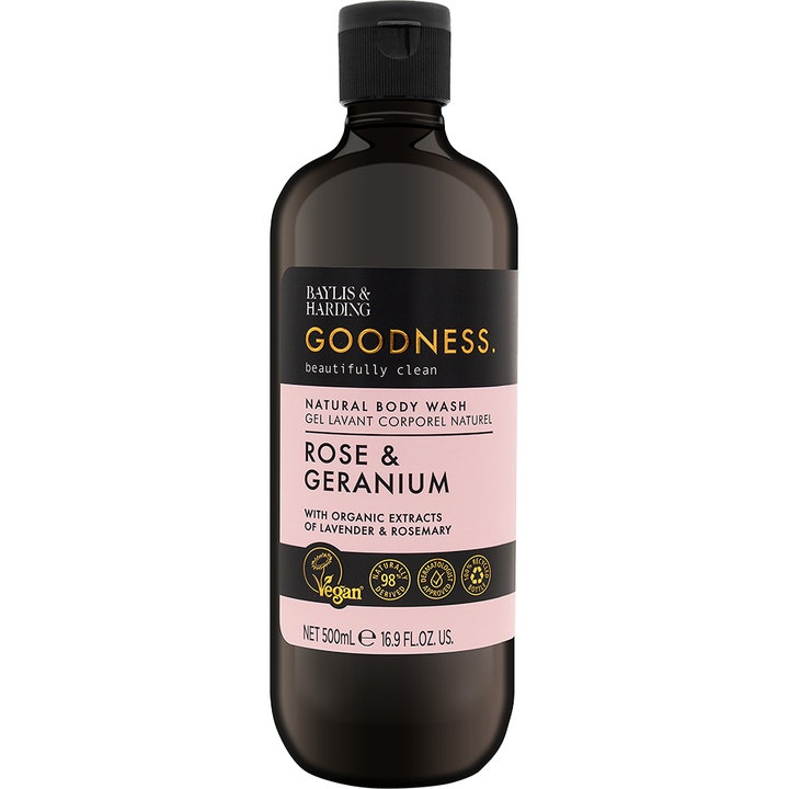 Baylis & Harding Goodness Rose & Geranium 500 ml naturlig body wash i mørk flaske med lyserød etiket og sort låg