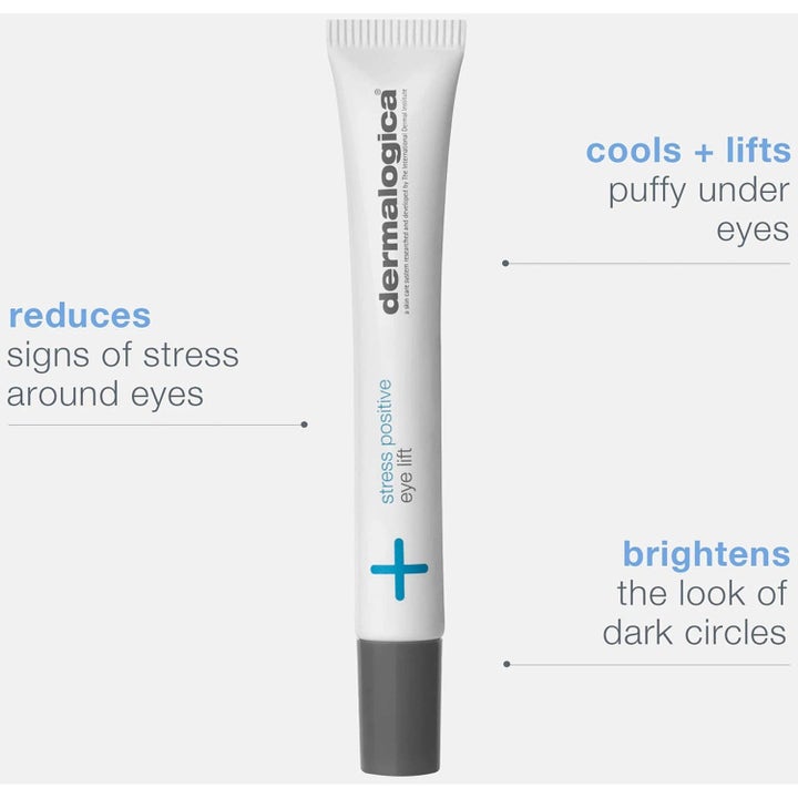 Dermalogica Stress Positive Eye Lift Duo øjencreme i hvid tube der køler og lysner mørke rande under øjnene