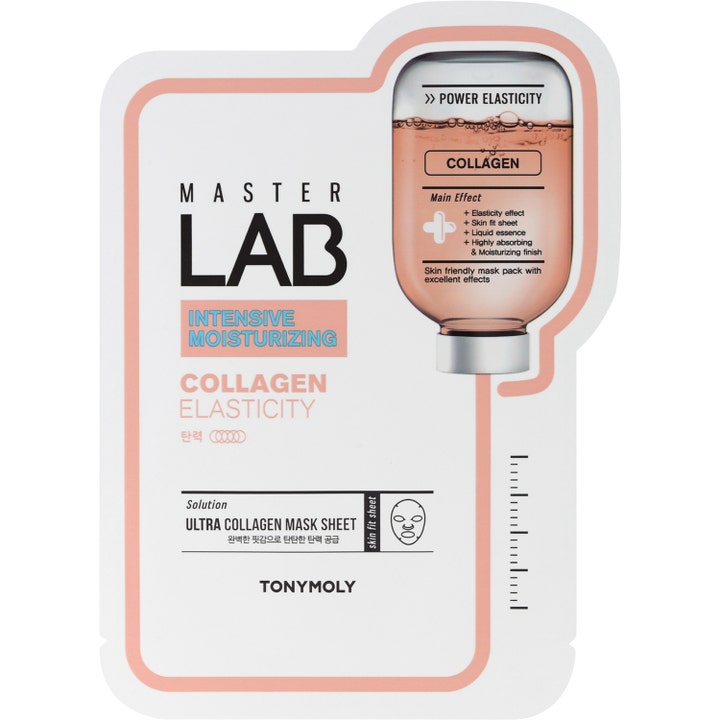 TONYMOLY Master Lab Collagen Elasticity 1 stk opstrammende ansigtsmaske i hvid emballage med ferskenfarvet grafik