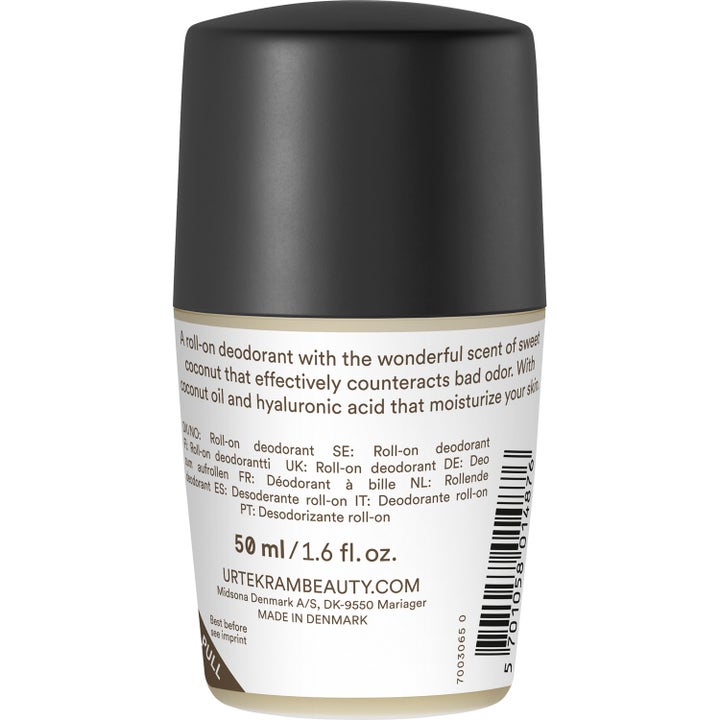 Urtekram Cream Deo Coconut 50 ml fugtgivende deodorant i hvid emballage med sort låg og tekst om kokosolie