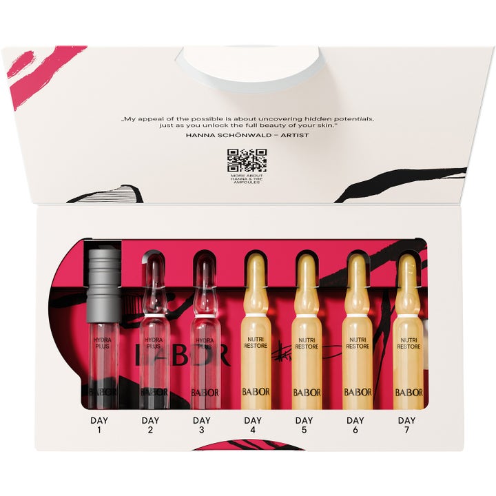 Babor Hydra Nourishing 14 ml ampuller i hvid æske med tre lyserøde og fire gule glaskoncentrater