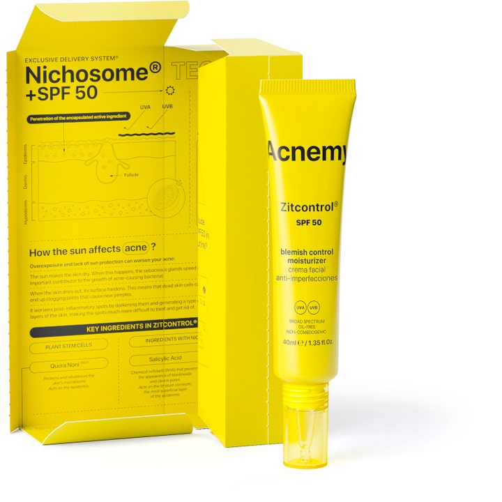 Niche Beauty Lab Acnemy Zitcontrol SPF 50 40 ml ansigtscreme i gul tube ved siden af yderemballage