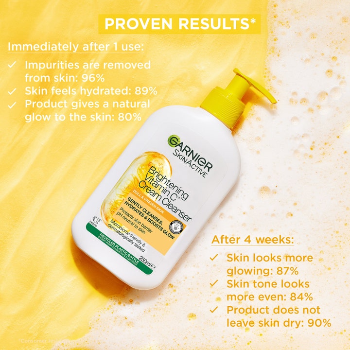 Garnier Skin Active Vitamin C Cream Cleanser 250 ml ansigtsrens i hvid pumpeflaske på gul tekstur