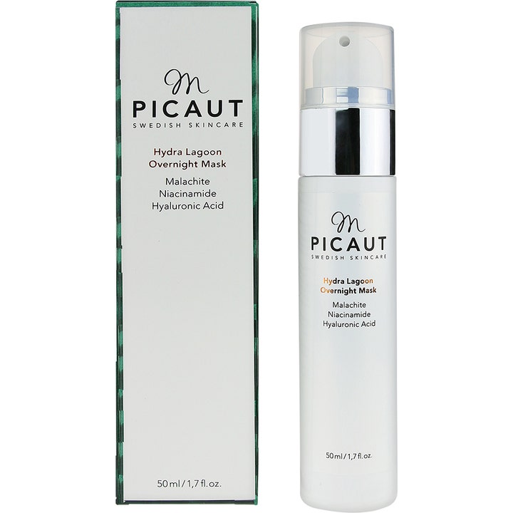 M Picaut Hydra Lagoon Overnight Mask 50 ml i hvid pumpeflaske med æske giver fugt med hyaluronsyre.