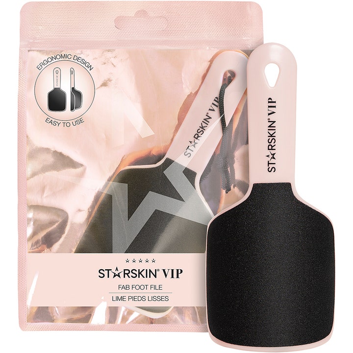 STARSKIN VIP Fab Foot File eksfolierende fodfil skaber bløde fødder med lyserødt greb og sort slibeflade.