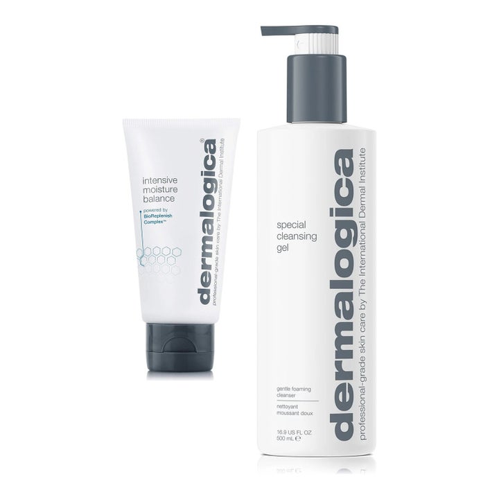 Dermalogica Special Cleansing Gel og Intensive Moisture Balance skaber ren og fugtet hud i hvid pumpeflaske og tube.