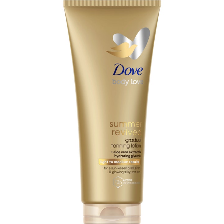 Dove Body Love Summer Revived 200ml gradvis selvbruner giver fugt og glød i en elegant guld- og bronzefarvet tube.