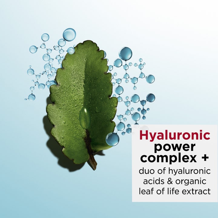 Clarins Hydra-Essentiel 30 ml serum viser et grønt blad og blå molekyler med Hyaluronic power complex.