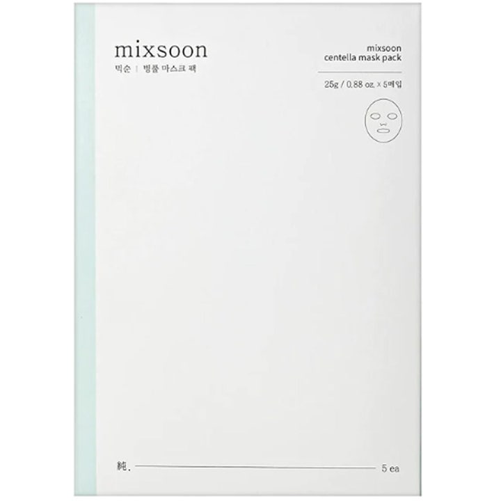 Mixsoon Centella Mask Pack 5 stk 25 g beroligende ansigtsmaske i hvid minimalistisk emballage med sort tekst