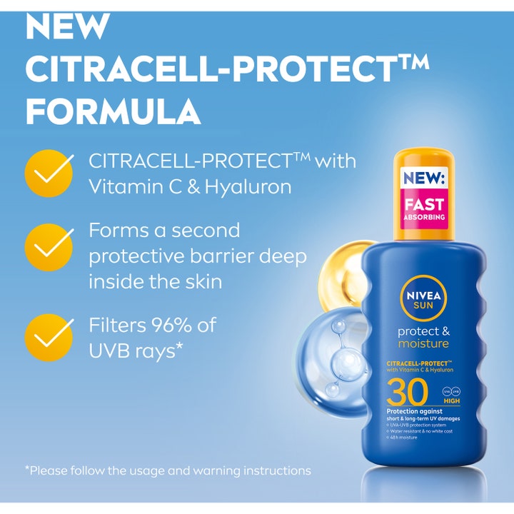 NIVEA Protect & Moisture Sun Spray 200 ml solcreme SPF 30 med Citracell-Protect Vitamin C og Hyaluron