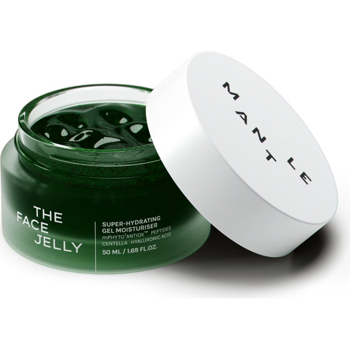 MANTLE The Face Jelly 50 ml fugtgivende dagcreme med mørkegrøn geltekstur i frostet glasbeholder med hvidt låg