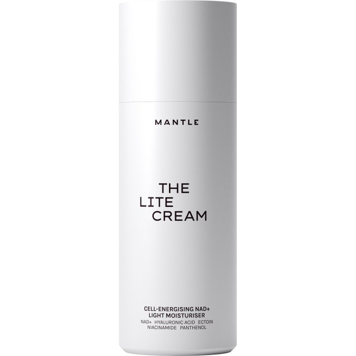 Mantle The Lite Cream fugtgivende ansigtscreme i en stilren hvid cylinderformet beholder med sort tekst