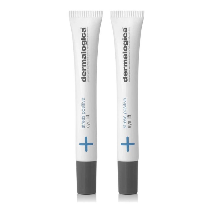Dermalogica Stress Positive Eye Lift opstrammende øjenmaske mod træthedstegn i to hvide tuber med grå låg