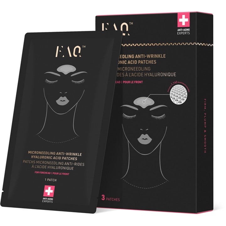 FAQ Microneedling Anti-Wrinkle Hyaluronic Acid Patches 3 stk mod rynker i sort æske med hvid stregtegning.