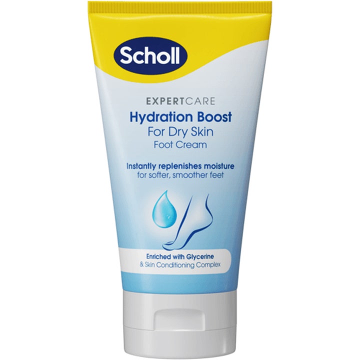 Scholl ExpertCare Hydration Boost Foot Cream fugtgivende fodcreme i hvid og blå tube med gult låg