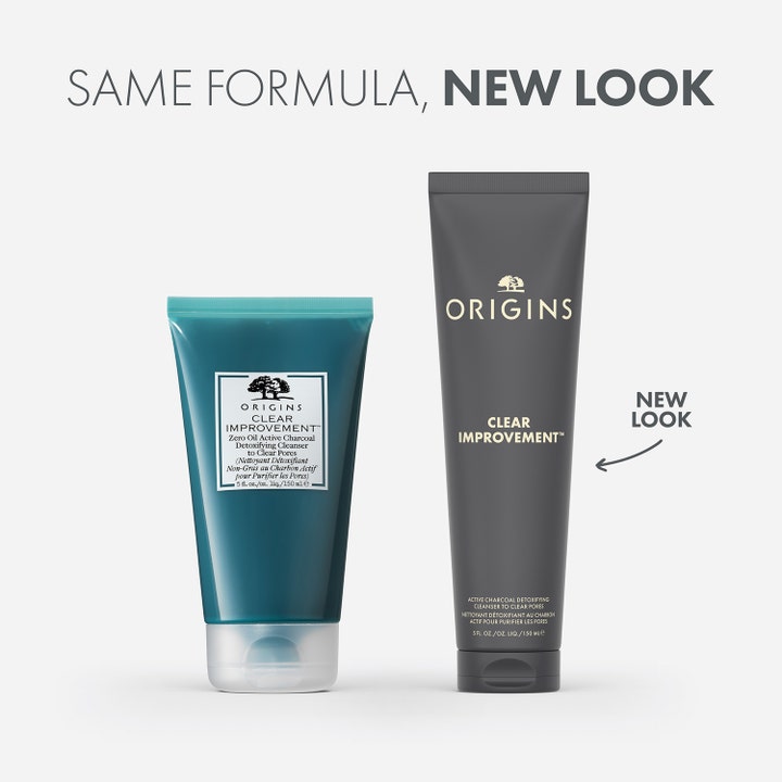 Origins Clear Improvement Cleanser 150 ml ansigtsrens med aktivt kul i nyt mørkegråt design ved siden af den blå original.
