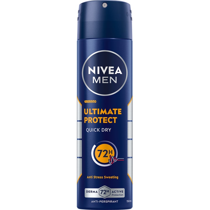Nivea Men Ultimate Protect Quick Dry 150 ml anti-perspirant deospray i mørkeblå metalflaske med orange detaljer.