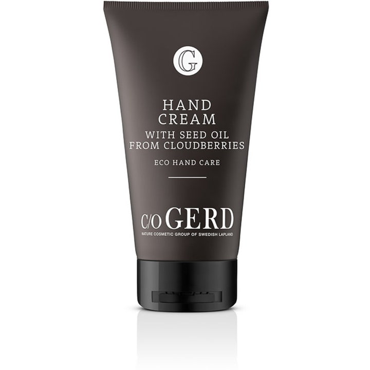 c/o Gerd Hand Cream with Cloudberry Seed Oil plejende håndcreme i mørkebrun tube med hvid tekst og sort skruelåg