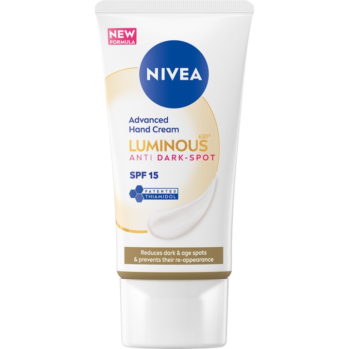 Nivea Luminous 630 Anti Dark-Spot Hand Cream 50 ml mod pigmentpletter i hvid tube med SPF 15 og gyldne detaljer