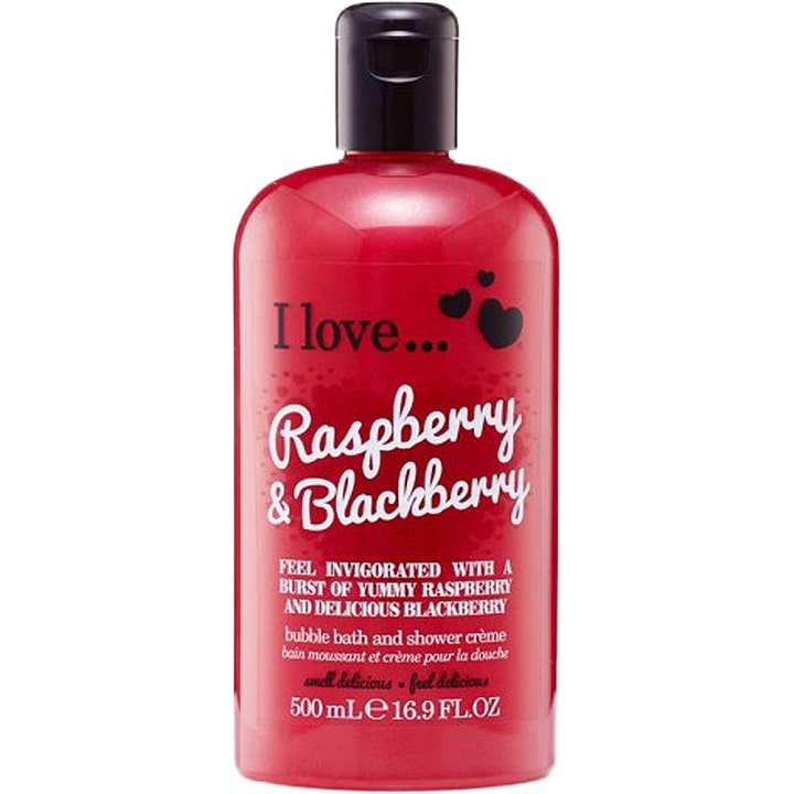 I love... Raspberry & Blackberry 500 ml opfriskende showergel i en rød plastflaske med sort vippelåg
