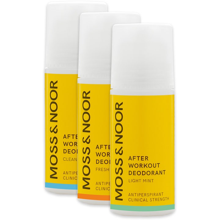 Moss & Noor After Workout Deodorant 3-pak antiperspirant mod sved i hvide roll-on flasker med gul etiket.
