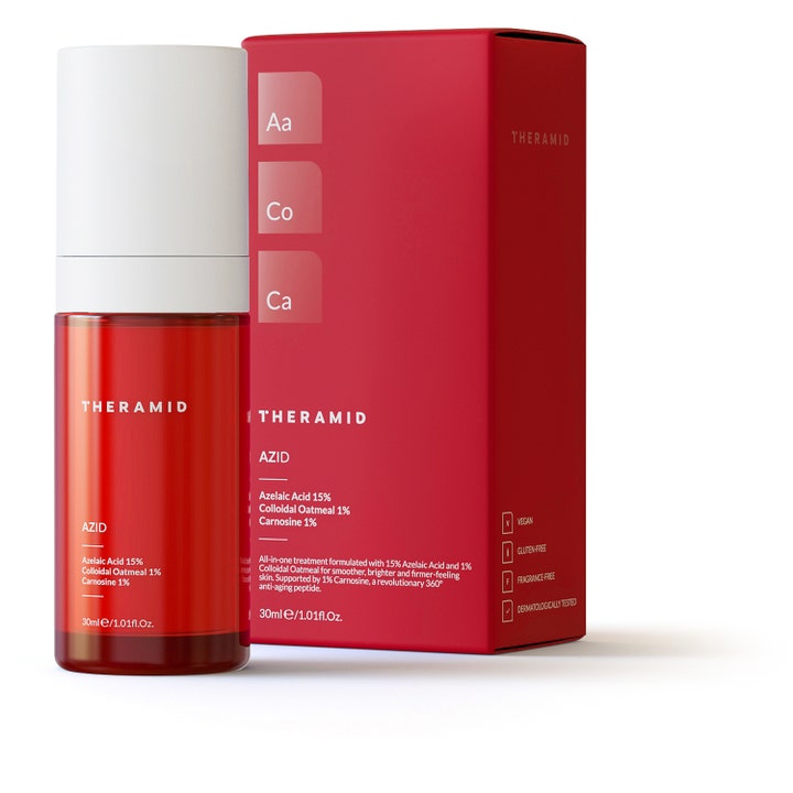 Niche Beauty Lab Theramid Azid 30 ml serum mod rødme i rød glasflaske med hvidt låg og æske