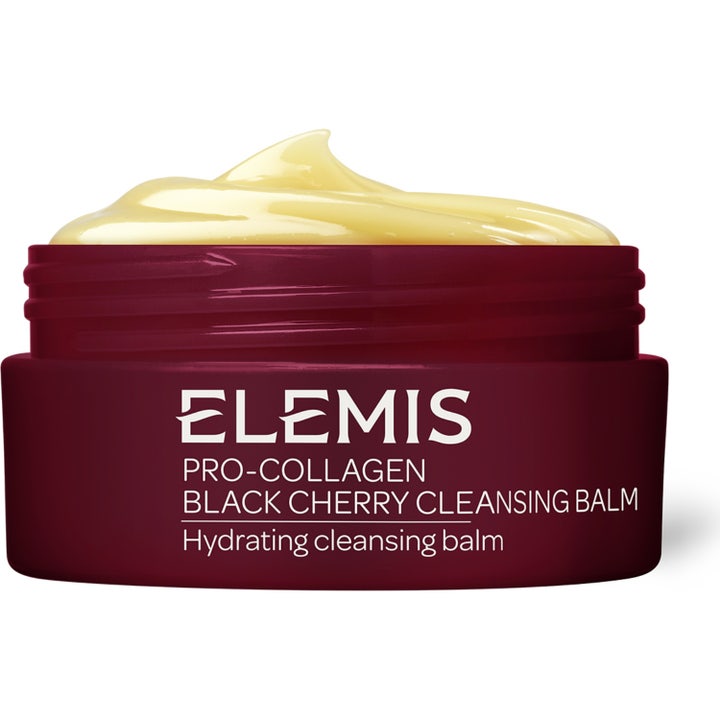 Elemis Pro-Collagen Black Cherry Cleansing Balm fugtgivende rensebalm i mørkerød krukke med cremet gul tekstur