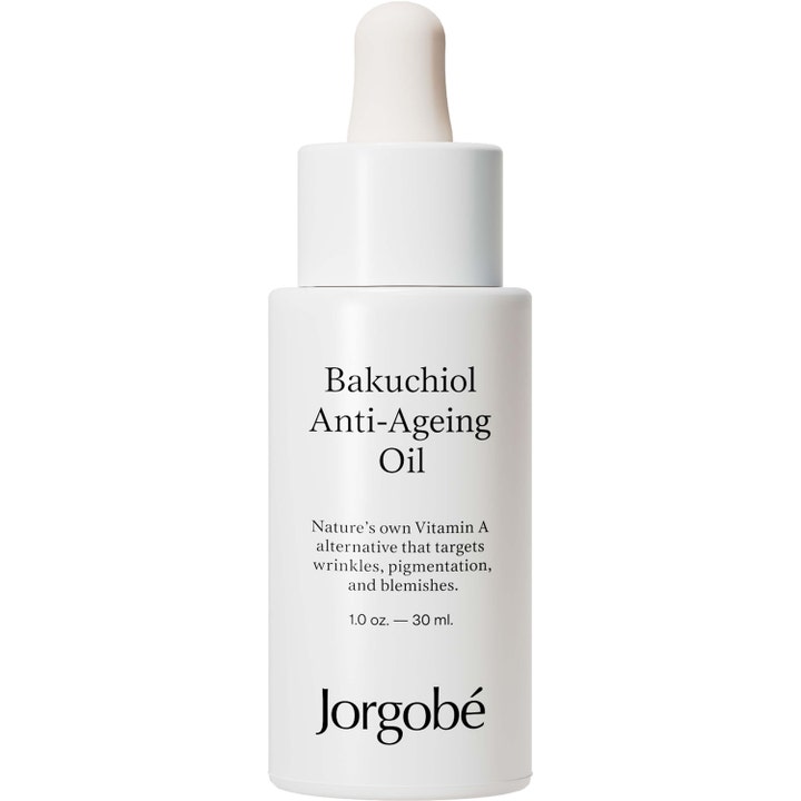 Jorgobé Bakuchiol Anti-Ageing Oil 30 ml ansigtsolie i hvid glasflaske med pipette mod rynker og pigmentering