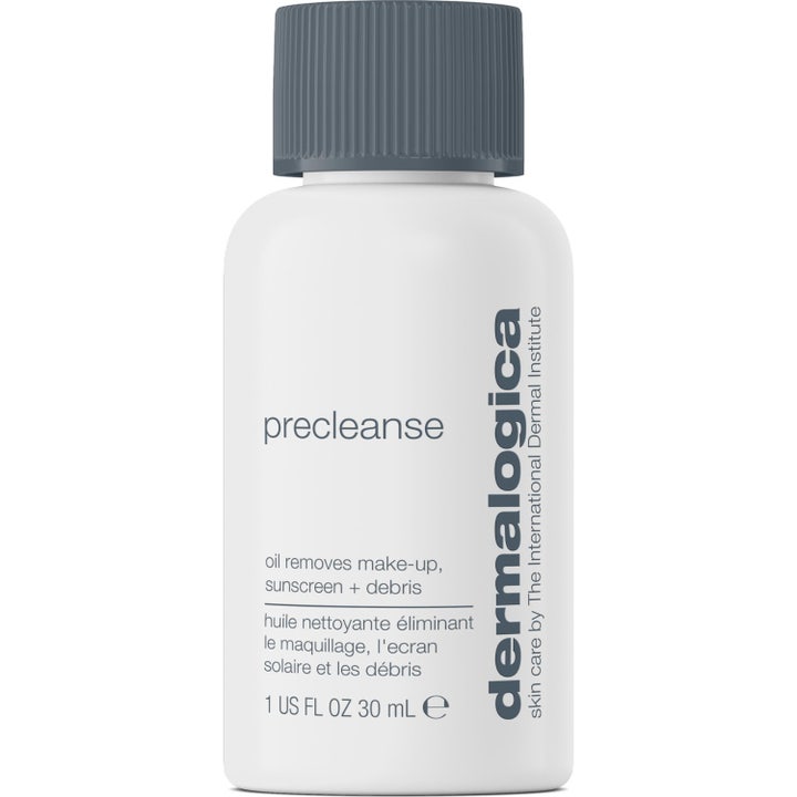 Dermalogica Precleanse 30 ml rensende olie der fjerner makeup i hvid plastflaske med rillet gråt låg