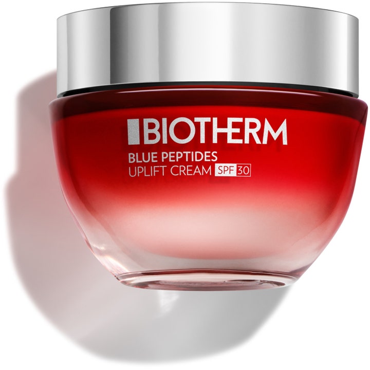 Biotherm Blue Peptides Uplift Cream SPF 30 opstrammende ansigtscreme i en rød glaskrukke med metallisk sølvlåg