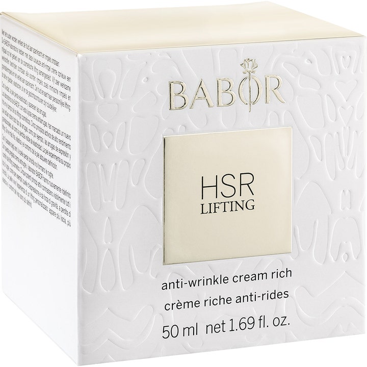 Babor HSR Lifting Cream Rich 50 ml opstrammende dagcreme i hvid æske med præget mønster og guldskrift.