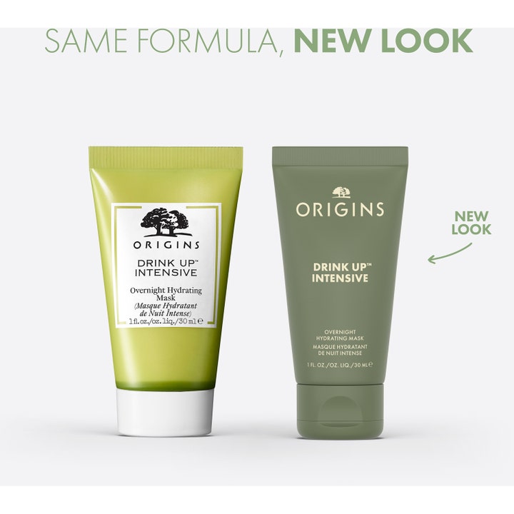 Origins Drink Up Intensive 30 ml fugtgivende nattmaske med avokado viser både det gamle og det nye grønne design
