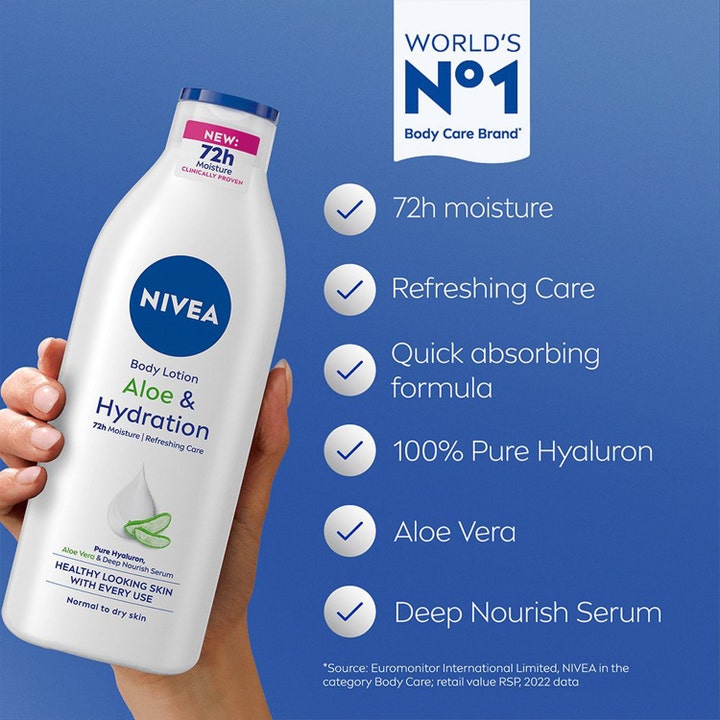 NIVEA Aloe & Hydration Body Lotion 250 ml fugtgivende bodylotion med aloe vera giver 72 timers fugt i hvid flaske