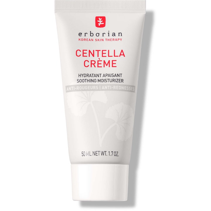 Erborian Centella Crème 50 ml beroligende ansigtscreme mod rødme i hvid tube med røde detaljer og hvidt låg.