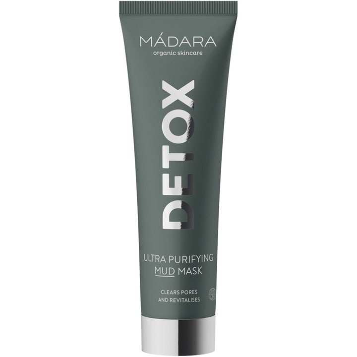 Mádara Detox Ultra Purifying Mud Mask rensende ansigtsmaske der renser porerne i mørkegrå tube med sølvlåg