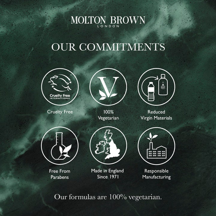 Molton Brown Body Quad 400 ml kropspleje med ikoner for Cruelty Free og 100% vegetariske formler.