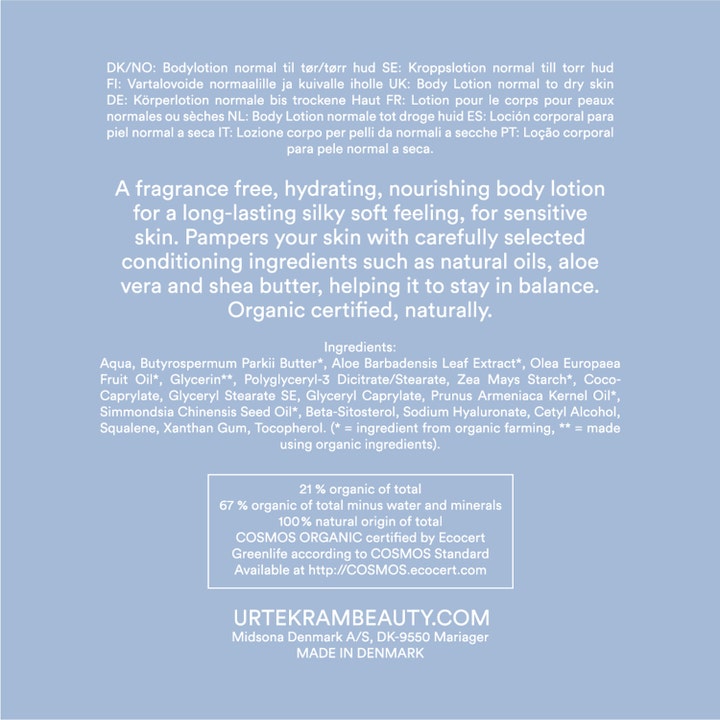 Urtekram Body Lotion Fragrance Free 245 ml fugtgivende kropspleje viser bagsideetiket med hvid tekst på blå baggrund
