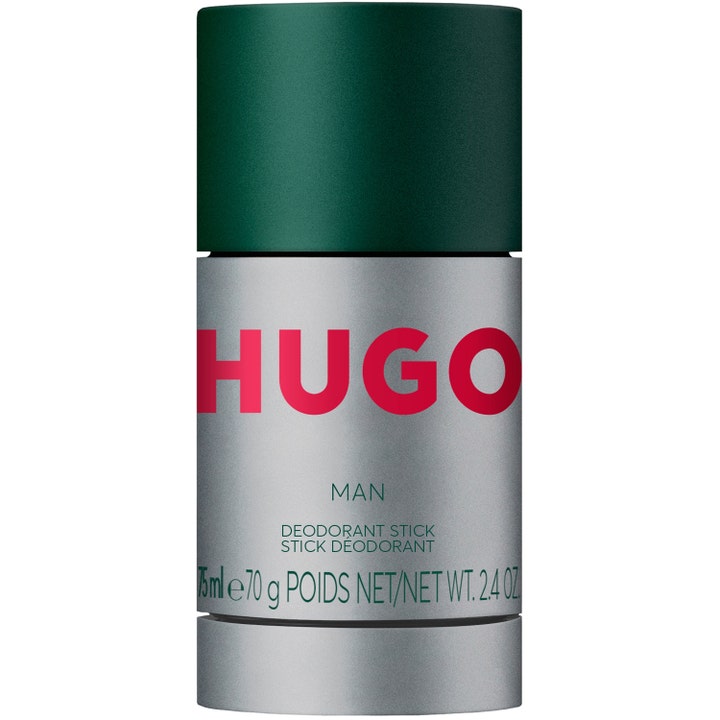 Hugo Man 75ml deodorant stick der giver friskhed i et sølvfarvet hylster med stort rødt logo og mørkegrønt låg.