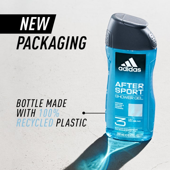 Adidas After Sport For Him 250 ml 3-i-1 duschtvål i en blå gennemsigtig flaske af 100% genanvendt plast